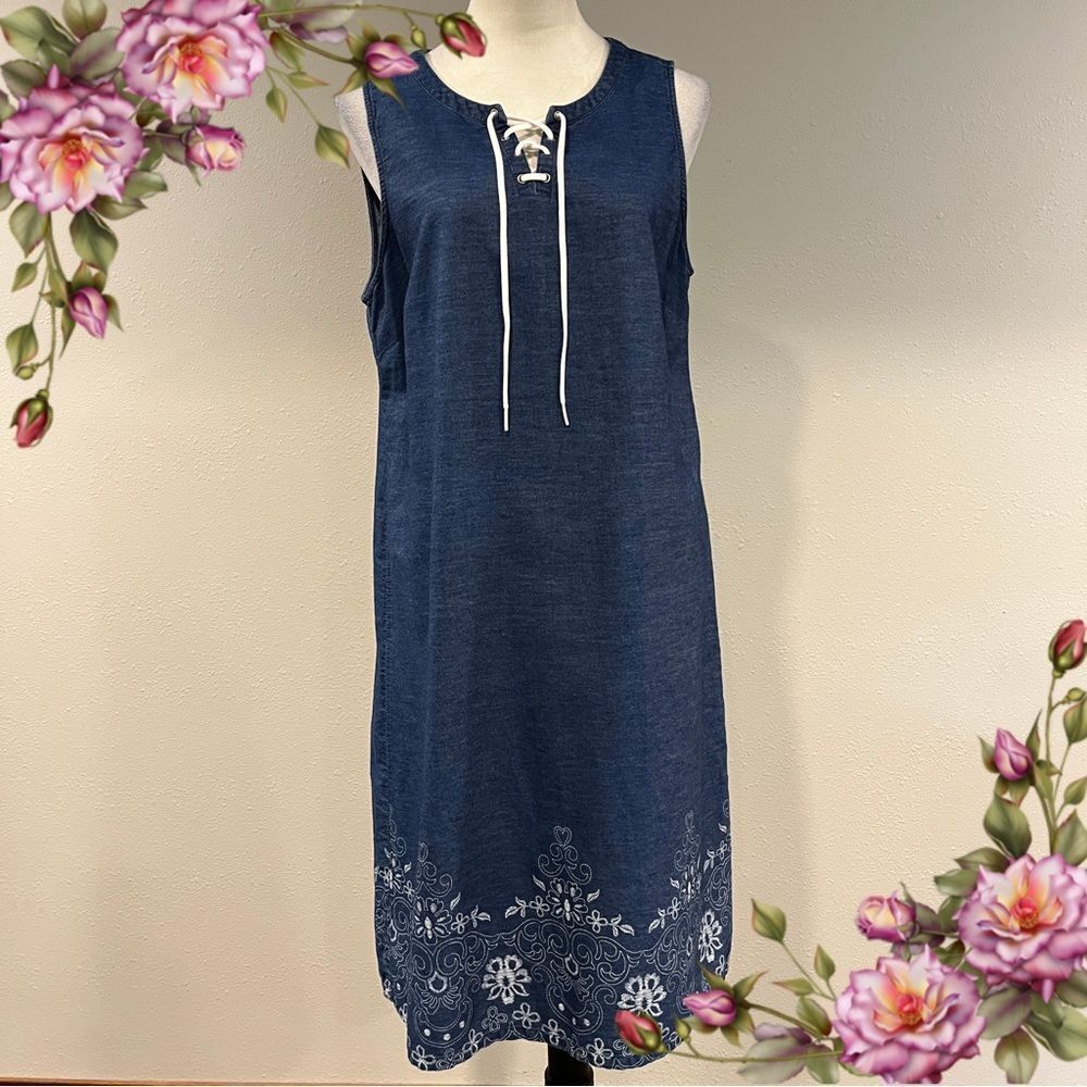 Christopher & Banks‎ Sleeveless Blue denim Dress with White Embroidery size m